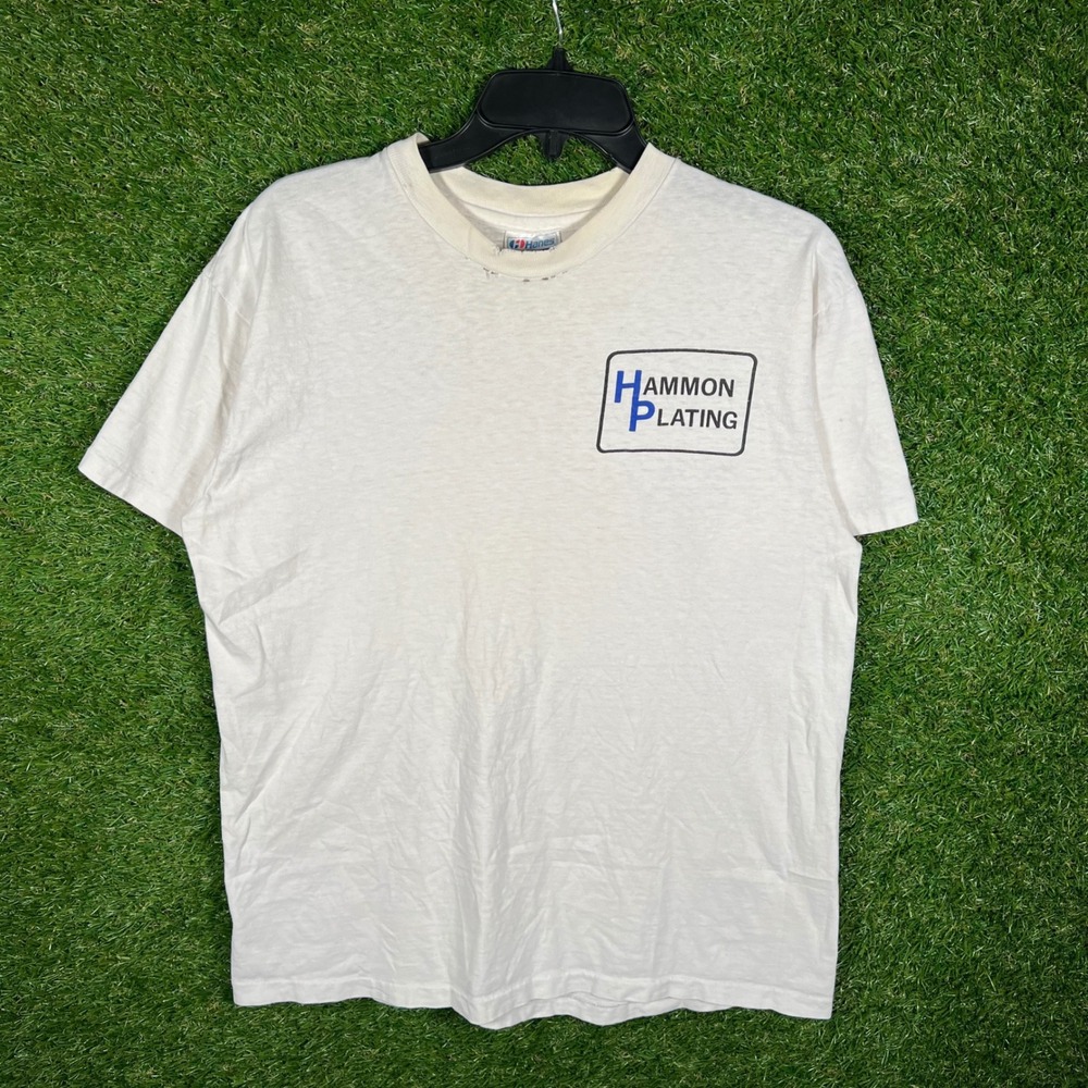 Vintage Hanes Beefy-T Hammon Plating Graphic T-Shirt 90s Single Stitch White L